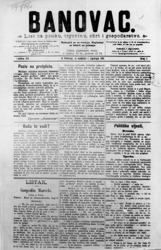 Banovac  : list za pouku, trgovinu, obrt i gospodarstvo : 24,1(1911) / odgovorni urednik Dragutin Benko.