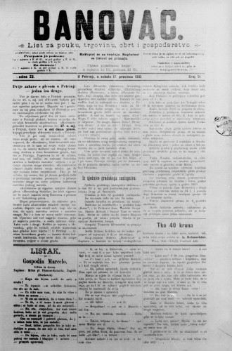 Banovac  : list za pouku, trgovinu, obrt i gospodarstvo : 23,51(1910) / odgovorni urednik Dragutin Benko.