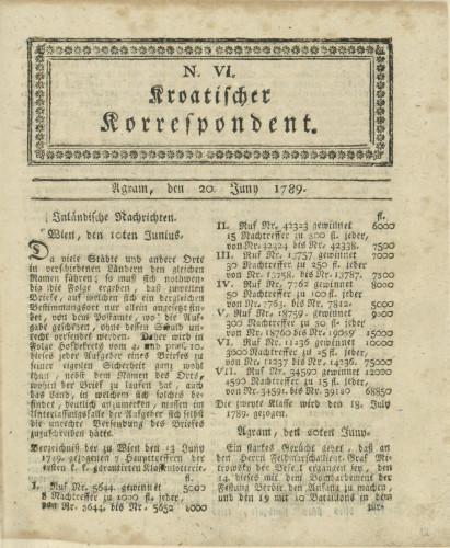 Kroatischer Korrespondent : 1,6(1789)   / [Johann Thomas].