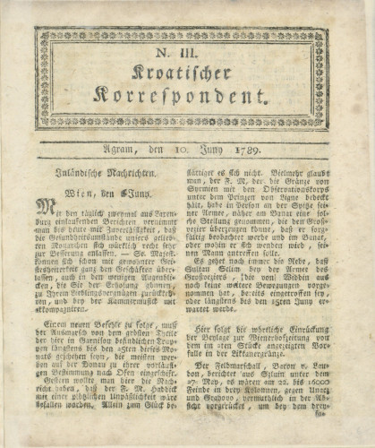 Kroatischer Korrespondent : 1,3(1789)   / [Johann Thomas].