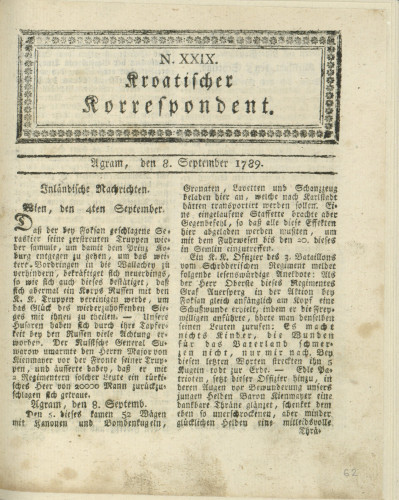 Kroatischer Korrespondent : 1,29(1789)   / [Johann Thomas].