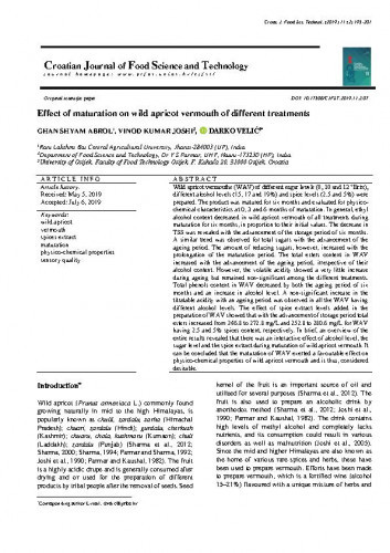 Effect of maturation on wild apricot vermouth of different treatments / Ghan Shyam Abrol, Vinod Kumar Joshi, Darko Velić.
