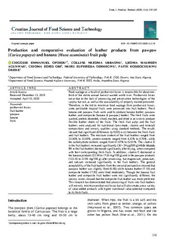 Production and comparative evaluation of leather products from pawpaw (Carica papaya) and banana (Musa acuminata) fruit pulp / Chigozie Emmanuel Ofoedu, Collins Nkeoma Ubbaonu, Ijeoma Maureen Agunwah, Nkiru Euphresia Odimegwu, Faith Kosisochukwu Okeke, Chioma Doris Obi.