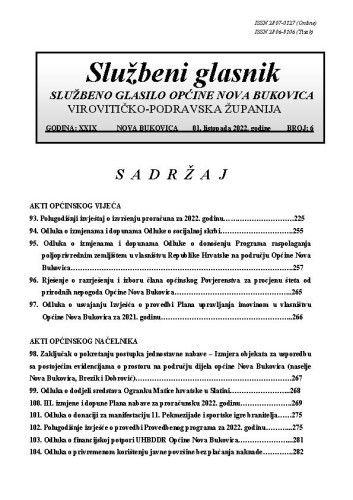 Službeni glasnik  : službeno glasilo Općine Nova Bukovica : 29,6(2022) / Općina Nova Bukovica ; odgovorni urednik Irena Stipanović.