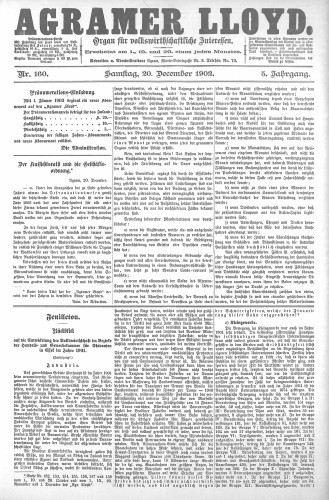 Agramer Lloyd  : organ für volkswirtschaftliche Interessen : 5,160(1902) / verantwortlicher Redacteur E. L. Blau.