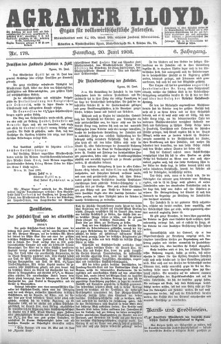 Agramer Lloyd  : organ für volkswirtschaftliche Interessen : 6,178(1903) / verantwortlicher Redacteur E. L. Blau.