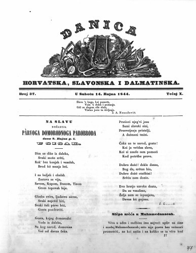 Danica horvatska, slavonska i dalmatinska : 10,37(1844)  / učrednik Ljudevit Gaj.
