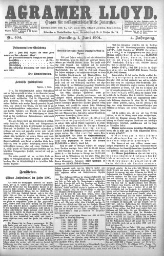 Agramer Lloyd  : organ für volkswirtschaftliche Interessen : 4,104(1901) / verantwortlicher Redacteur E. L. Blau.