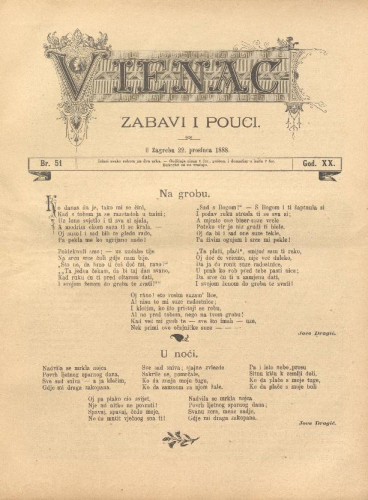 Vienac : zabavi i pouci. : 20,51(1888) / uredjuju V. Klaić i M. Maravić.