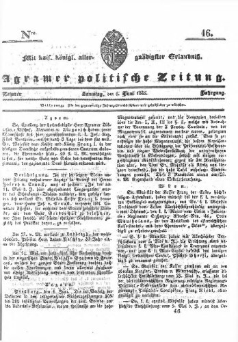 Agramer politische Zeitung : 10,46(1835) / Verlager und Redacteur Franz Stauduar und Ferd. Rosenau.