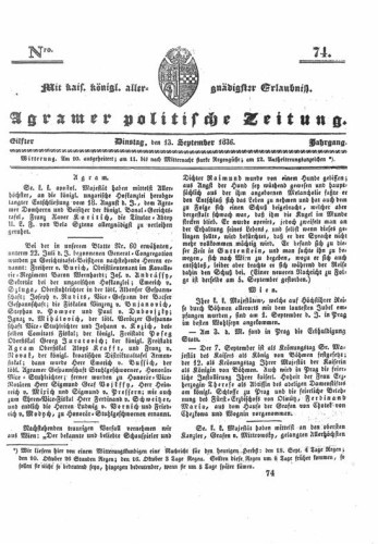 Agramer politische Zeitung : 11,74(1836) / Verlager und Redacteur Franz Stauduar und Ferd. Rosenau.
