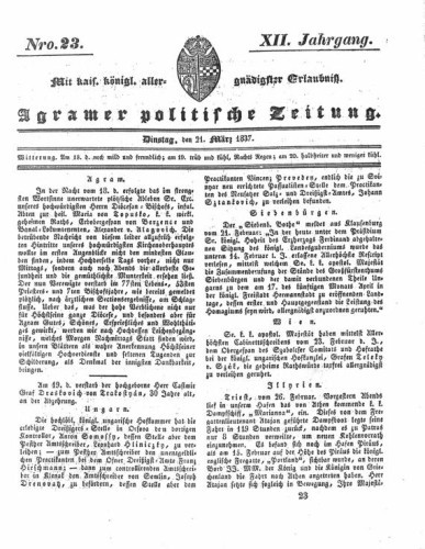 Agramer politische Zeitung : 12,23(1837) / Verlager und Redacteur Franz Stauduar und Ferd. Rosenau.