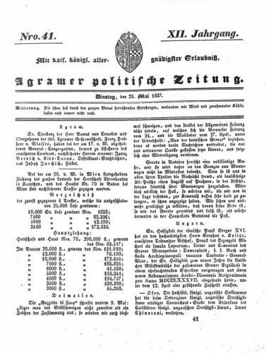 Agramer politische Zeitung : 12,41(1837) / Verlager und Redacteur Franz Stauduar und Ferd. Rosenau.