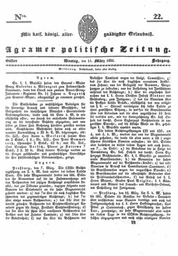 Agramer politische Zeitung : 11,22(1836) / Verlager und Redacteur Franz Stauduar und Ferd. Rosenau.