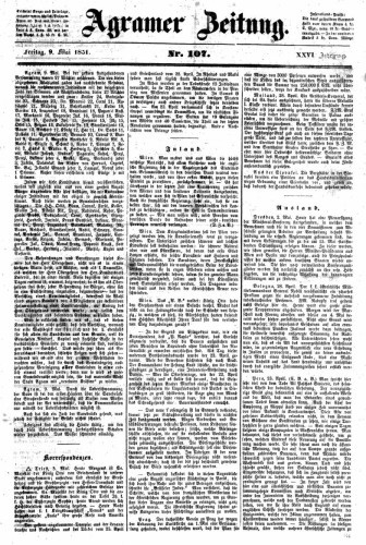 Agramer Zeitung : 26,107(1851) / für die Redaktion verantwortlich Ivan Sonvan