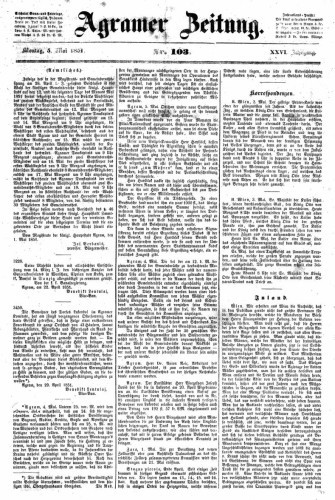 Agramer Zeitung : 26,103(1851) / für die Redaktion verantwortlich Ivan Sonvan