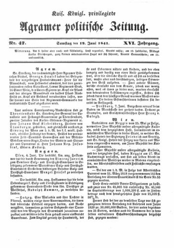 Agramer politische Zeitung : 16,47(1841) / Verlager und Redacteur Franz Stauduar und Ferdinand Rosenau.