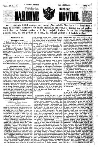 Carsko-kr. službene narodne novine : 22,2(1856) / učrednik Dr. Demeter.