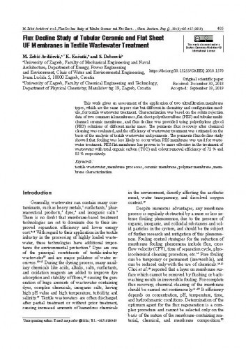 Flux decline study of tubular ceramic and flat sheet UF membranes in textile wastewater treatment / Maja Zebić Avdičević, Krešimir Košutić, Slaven Dobrović.