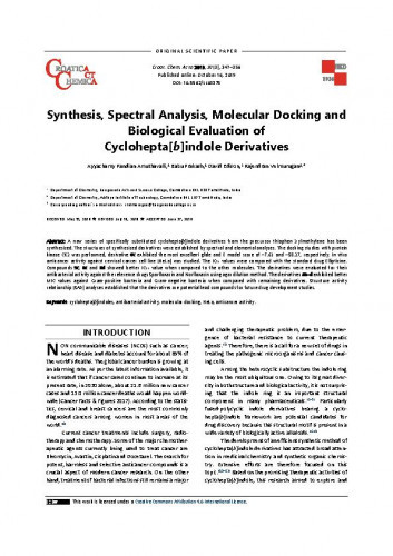 Synthesis, spectral analysis, molecular docking and biological evaluation of cyclohepta[b]indole derivatives / Ayyachamy Pandian Amuthavalli, Babu Prakash, David Edison, Rajendran Velmurugan.