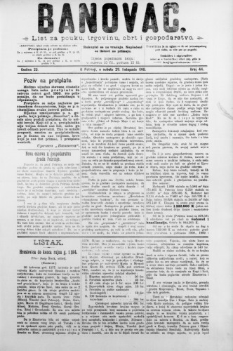 Banovac  : list za pouku, trgovinu, obrt i gospodarstvo : 23,44(1910) / odgovorni urednik Dragutin Benko.