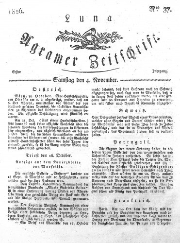 Luna Agramer Zeitschrift : 1,37(1826) / Herausgeber und Redacteurs F. S. Stauduar.