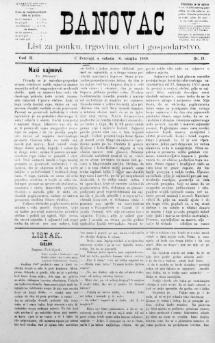 Banovac  : list za pouku, trgovinu, obrt i gospodarstvo : 2,11(1889) / odgovorni urednik Gjuro Kostinčer.