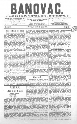 Banovac  : list za pouku, trgovinu, obrtnost i gospodarstvo : 18,23(1905) / odgovorni urednik Dragutin Benko.
