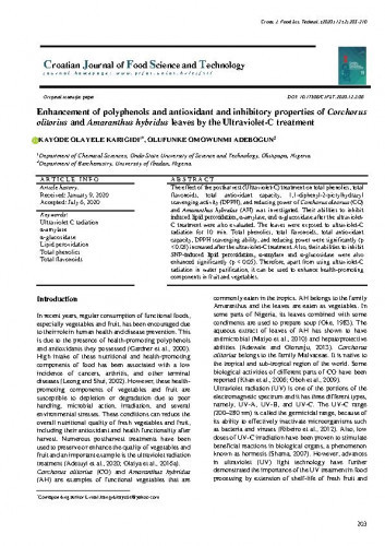 Enhancement of polyphenols and antioxidant and inhibitory properties of Corchorus olitorius and Amaranthus hybridus leaves by the Ultraviolet-C treatment / Kayode Olayele Karigidi, Olufunke Omowunmi Adebogun.