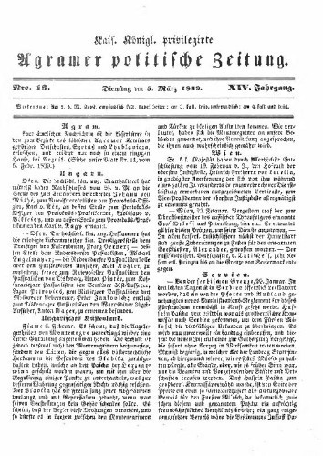 Agramer politische Zeitung : 14,19(1839) / Verlager und Redacteur Franz Stauduar und Ferdinand Rosenau.