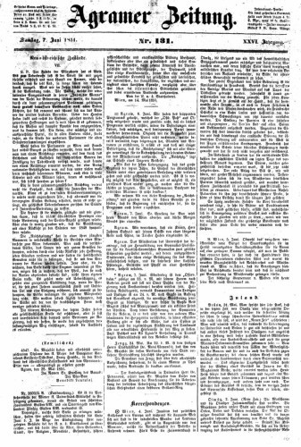 Agramer Zeitung : 26,131(1851) / für die Redaktion verantwortlich Ivan Sonvan