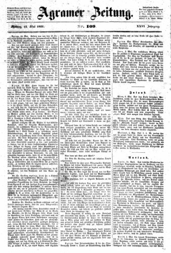 Agramer Zeitung : 26,109(1851) / für die Redaktion verantwortlich Ivan Sonvan