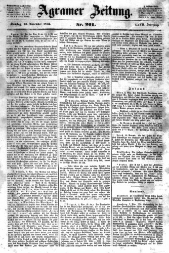 Agramer Zeitung : 27,261(1852) / Redakteur und Verlager F. S. Stauduar.