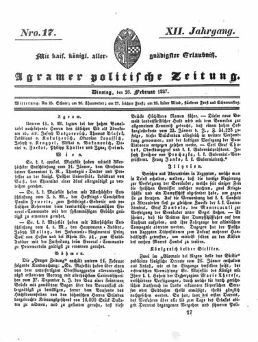 Agramer politische Zeitung : 12,17(1837) / Verlager und Redacteur Franz Stauduar und Ferd. Rosenau.