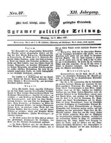Agramer politische Zeitung : 12,37(1837) / Verlager und Redacteur Franz Stauduar und Ferd. Rosenau.