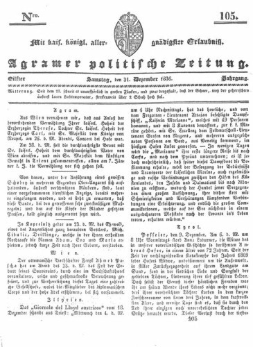 Agramer politische Zeitung : 11,105(1836) / Verlager und Redacteur Franz Stauduar und Ferd. Rosenau.