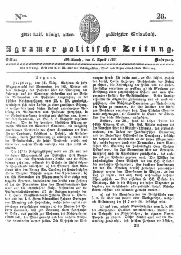 Agramer politische Zeitung : 11,28(1836) / Verlager und Redacteur Franz Stauduar und Ferd. Rosenau.