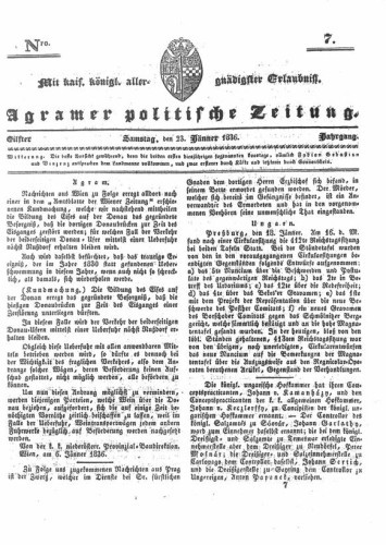 Agramer politische Zeitung : 11,7(1836) / Verlager und Redacteur Franz Stauduar und Ferd. Rosenau.