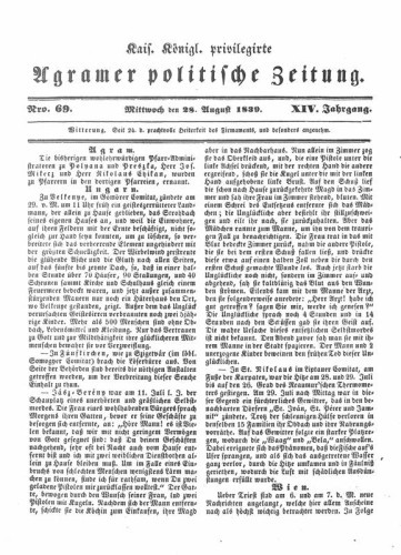 Agramer politische Zeitung : 14,69(1839) / Verlager und Redacteur Franz Stauduar und Ferdinand Rosenau.