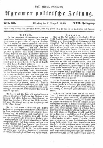 Agramer politische Zeitung : 13,63(1838) / Verlager und verantwortliche Redacteurs Franz Stauduar und Ferd. Rosenau.