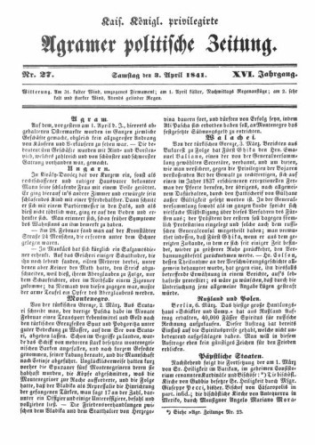 Agramer politische Zeitung : 16,27(1841) / Verlager und Redacteur Franz Stauduar und Ferdinand Rosenau.