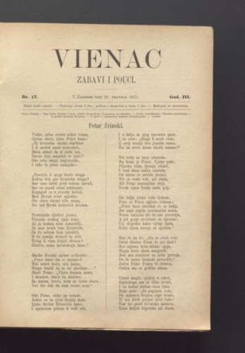 Vienac : zabavi i pouci. : 3,17(1871) / urednik Ivan Dežman.