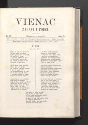 Vienac : zabavi i pouci. : 4,37(1872) / urednik Franjo Marković.