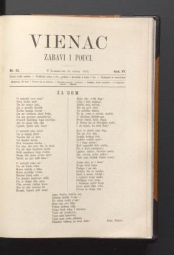Vienac : zabavi i pouci. : 4,12(1872) / urednici Ivan Dežman i Franjo Marković.
