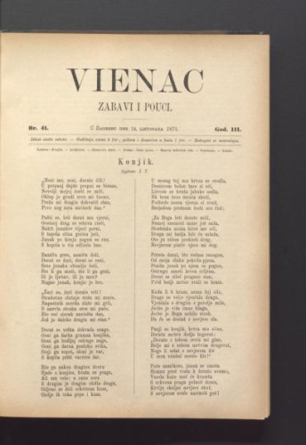 Vienac : zabavi i pouci. : 3,41(1871) / urednik Ivan Dežman.