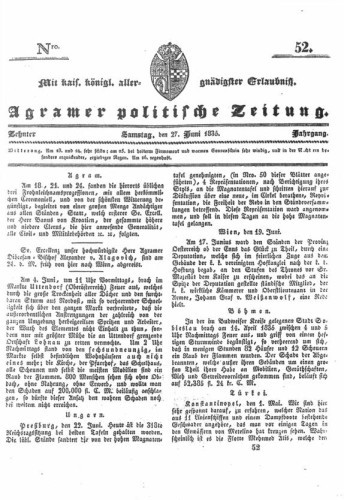 Agramer politische Zeitung : 10,52(1835) / Verlager und Redacteur Franz Stauduar und Ferd. Rosenau.