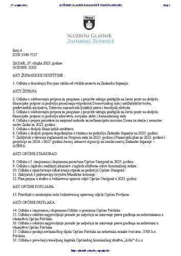 Službeni glasnik Zadarske županije : 30,4(2023)  / uredništvo Upravni odjel za pravne i zajedničke poslove Zadarske županije.