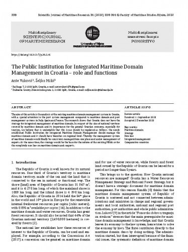 The public institution for integrated maritime domain management in Croatia : role and functions / Ante Vuković, Željko Mišić.