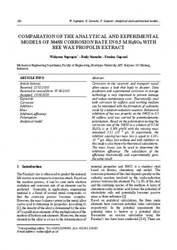 Comparation of the analytical and experimental models of 304SS corrosion rate in 0.5 m H2SS4 with bee wax propolis extract / Wahyono Suprapto, Rudy Soenoko, Femina Gapsari.