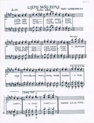 Lijepoj našoj zemlji : muški zbor / tekst i glazba Dinko Fio.